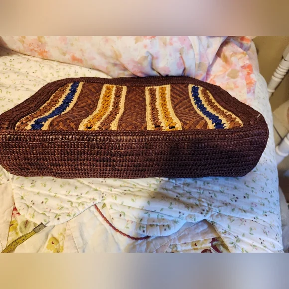 Sezane Raffia Clutch Bag In Brown, Ecru, & Blue - Picture 3 of 7
